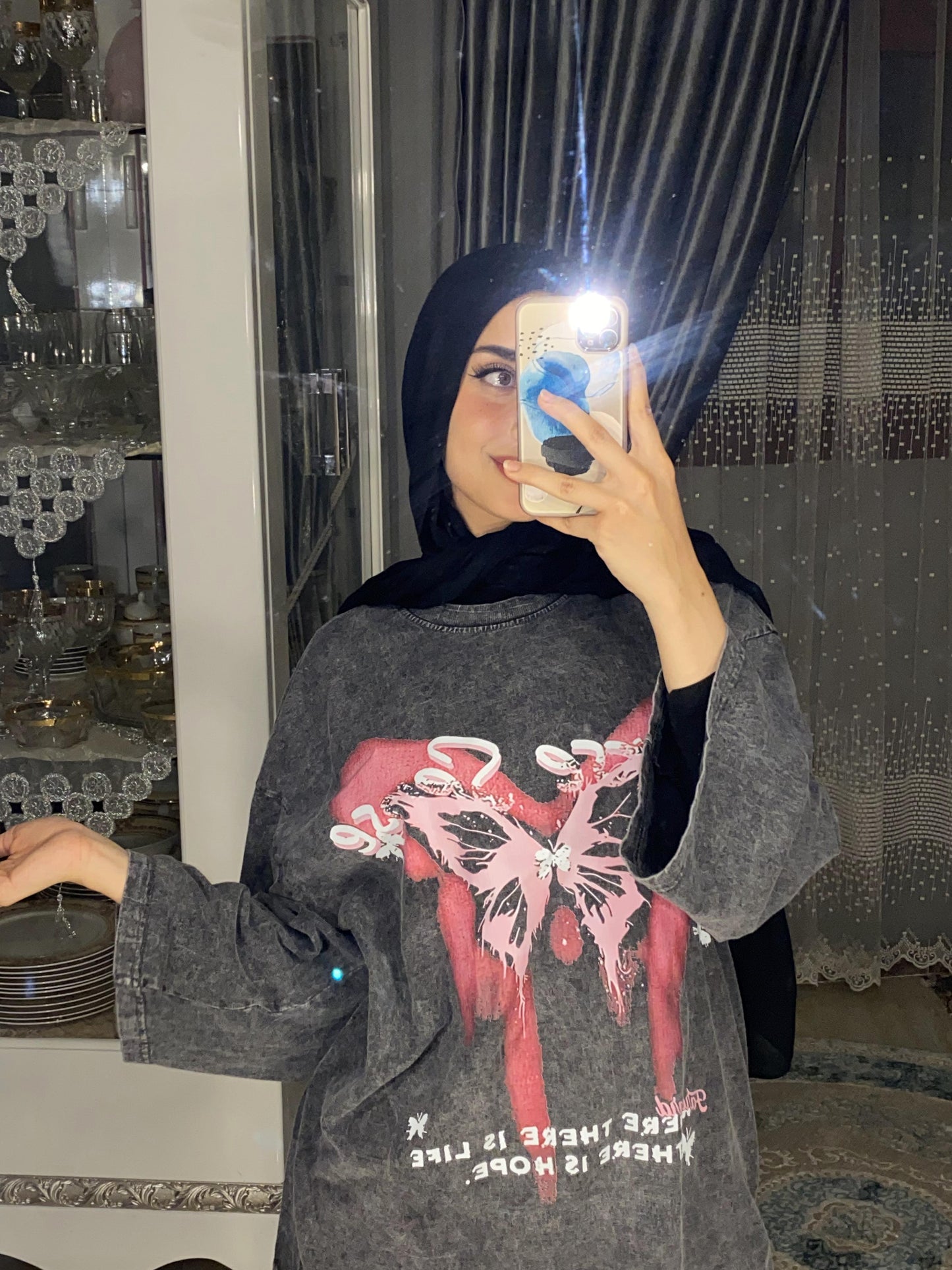 Acid Wash Butterfly Quarter Sleeve T-Shirt