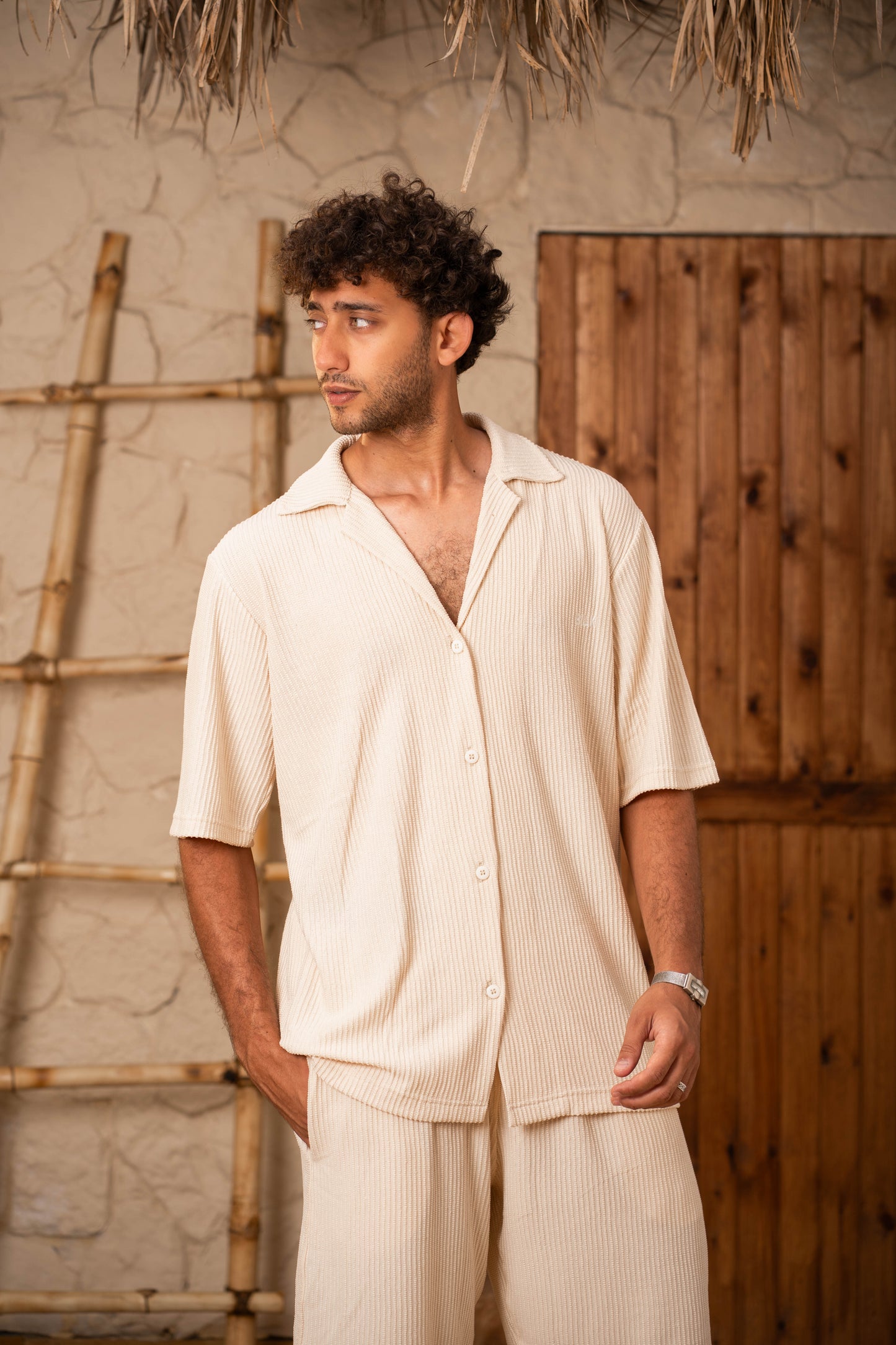 Ribbed Shirt & Shorts Sets - Beige