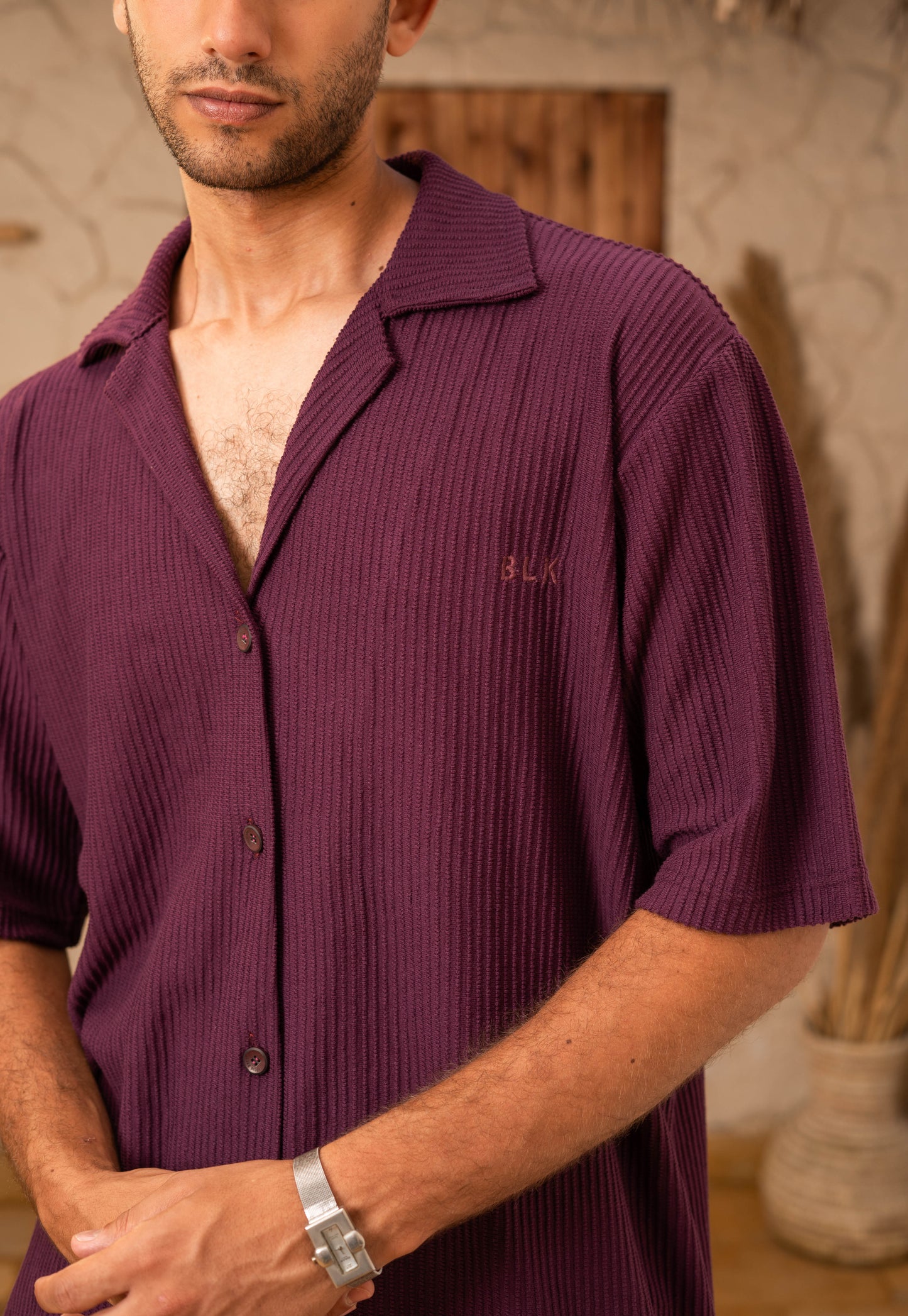 Ribbed Shirt & Shorts Set - Burgundy