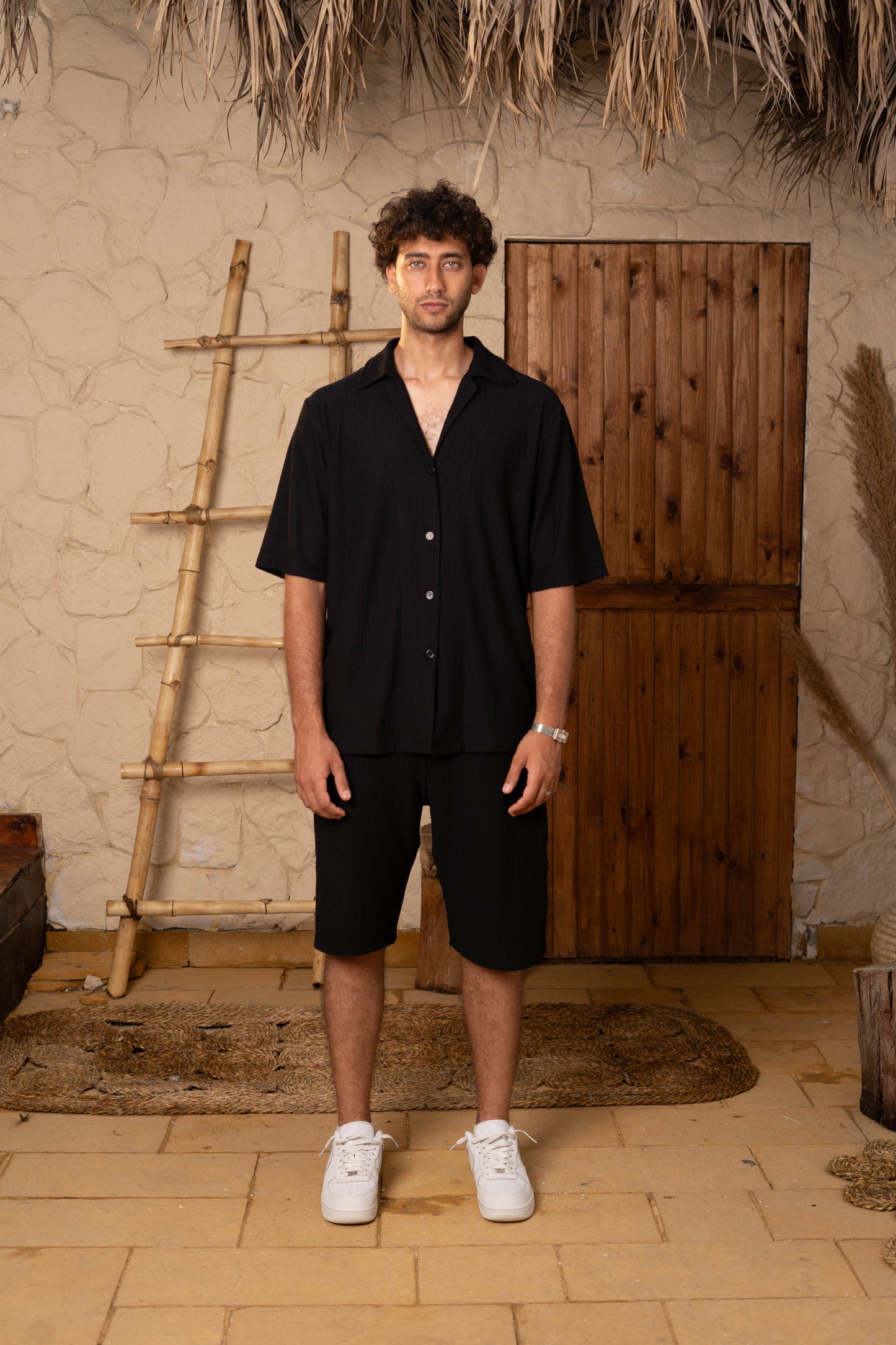 Ribbed Shirt & Shorts Sets - Black