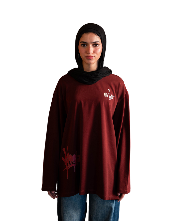 Graffiti Long Sleeve Oversized Tee - Burgandy