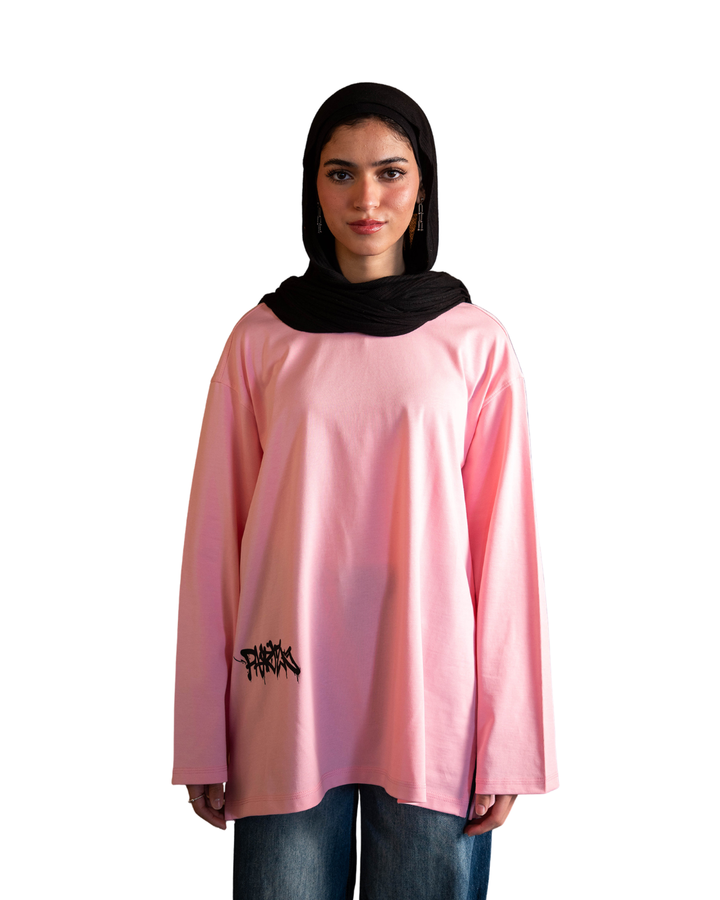 Graffiti Long Sleeve Oversized Tee - Pink