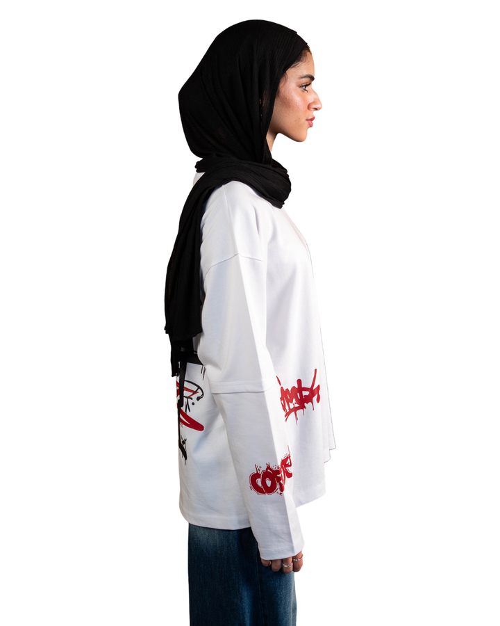 Double Sleeve Graffiti Tee - White