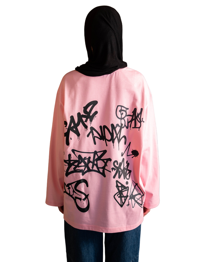 Graffiti Long Sleeve Oversized Tee - Pink