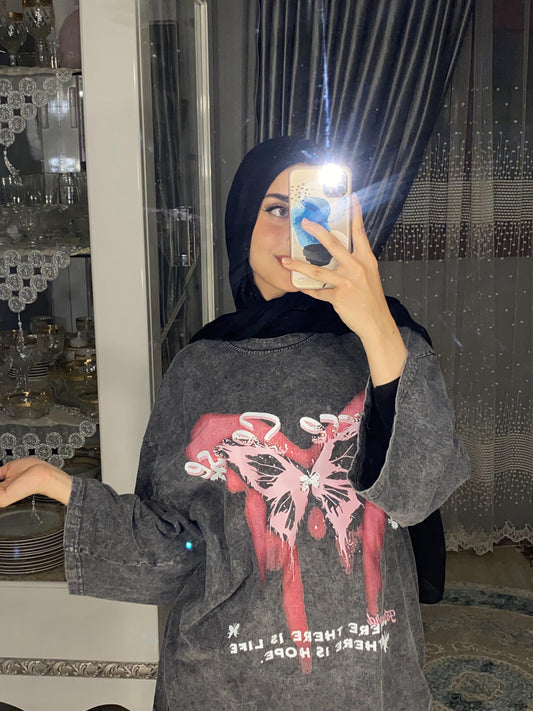 Acid Wash Butterfly Quarter Sleeve T-Shirt