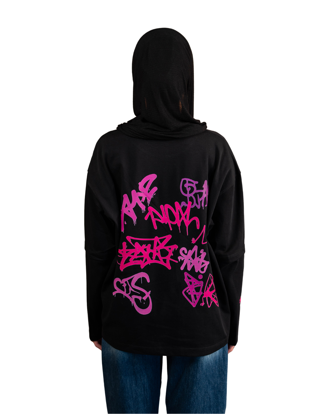 Graffiti Long Sleeve Oversized Tee - Black