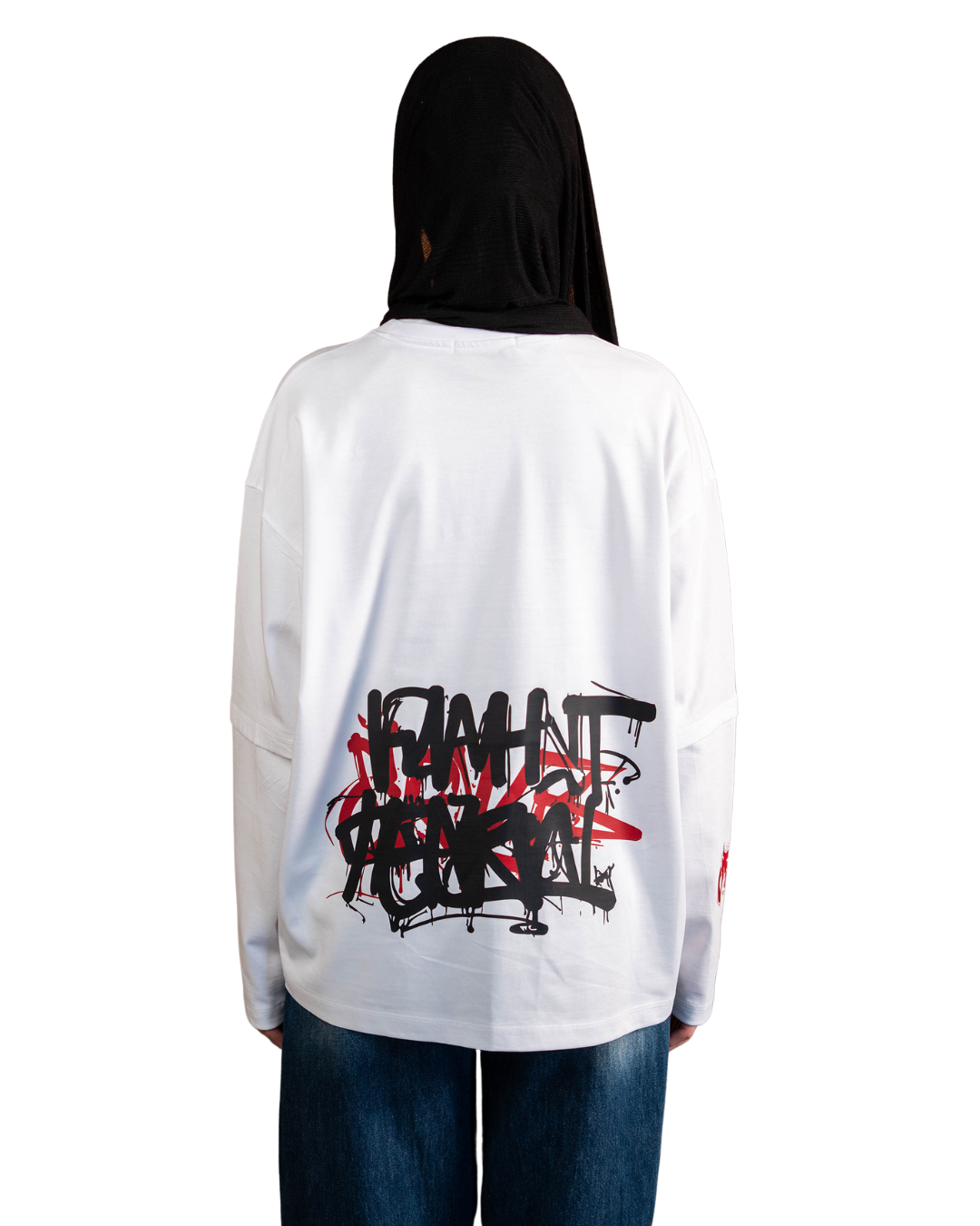 Graffiti Long Sleeve Oversized Tee - White