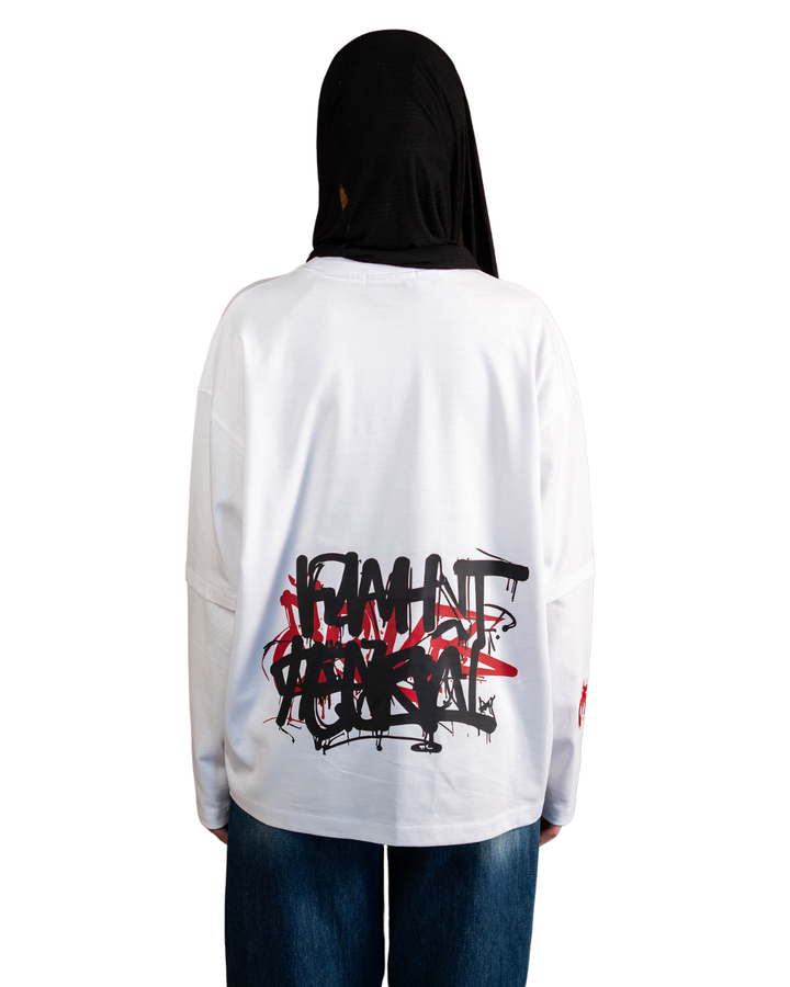 Graffiti Long Sleeve Oversized Tee - White