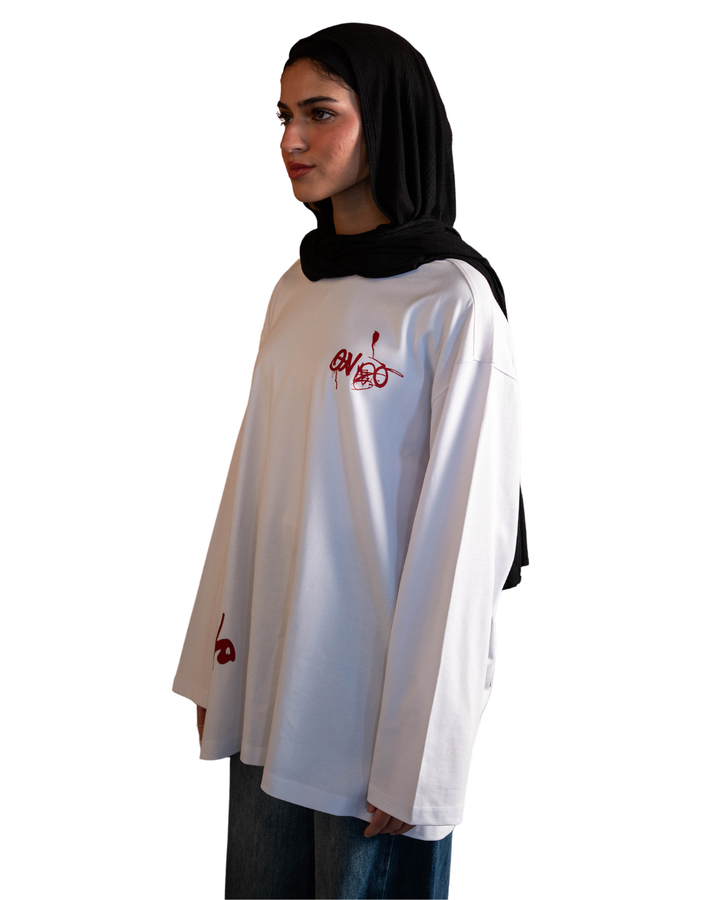 Graffiti Long Sleeve Oversized Tee - White