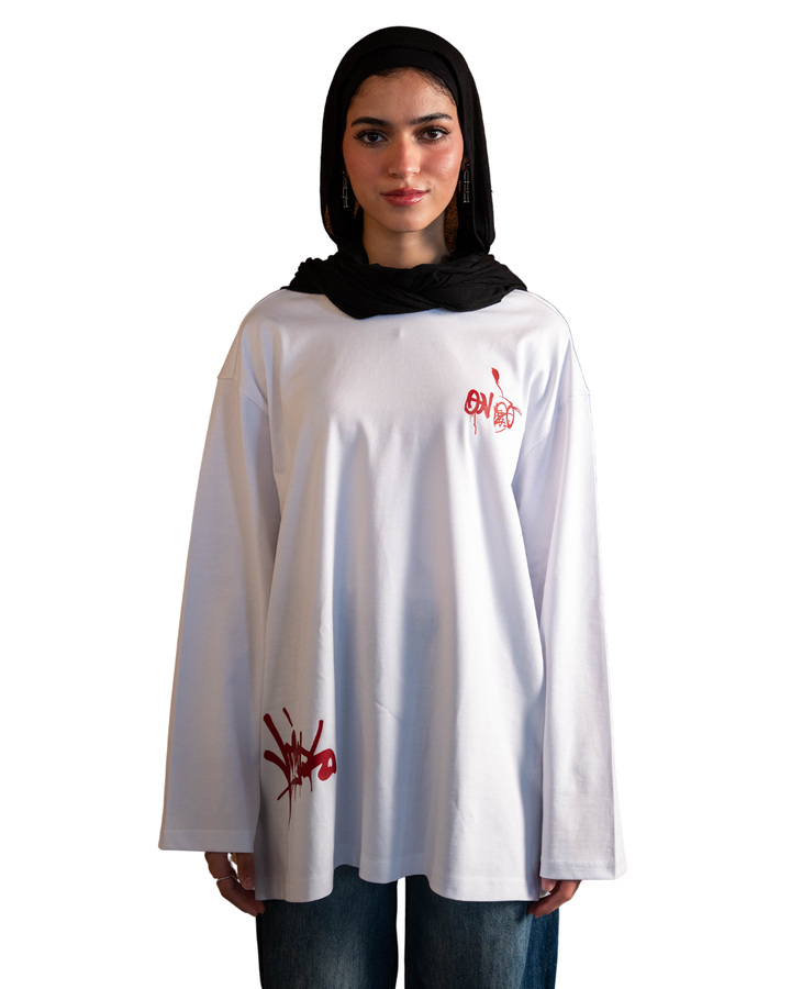 Graffiti Long Sleeve Oversized Tee - White
