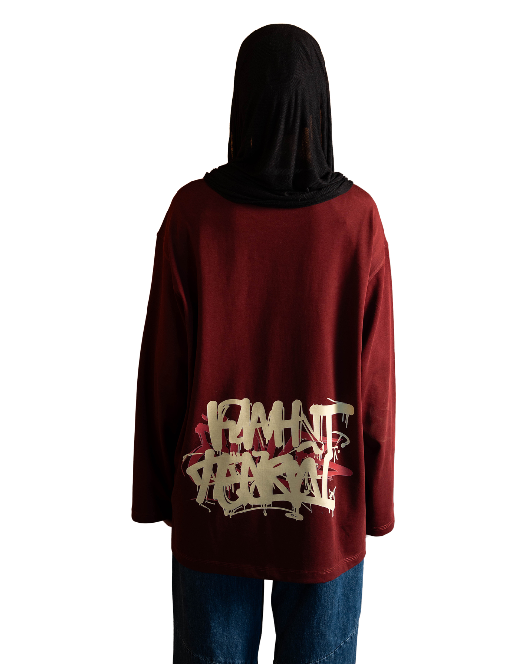 Graffiti Long Sleeve Oversized Tee - Burgandy
