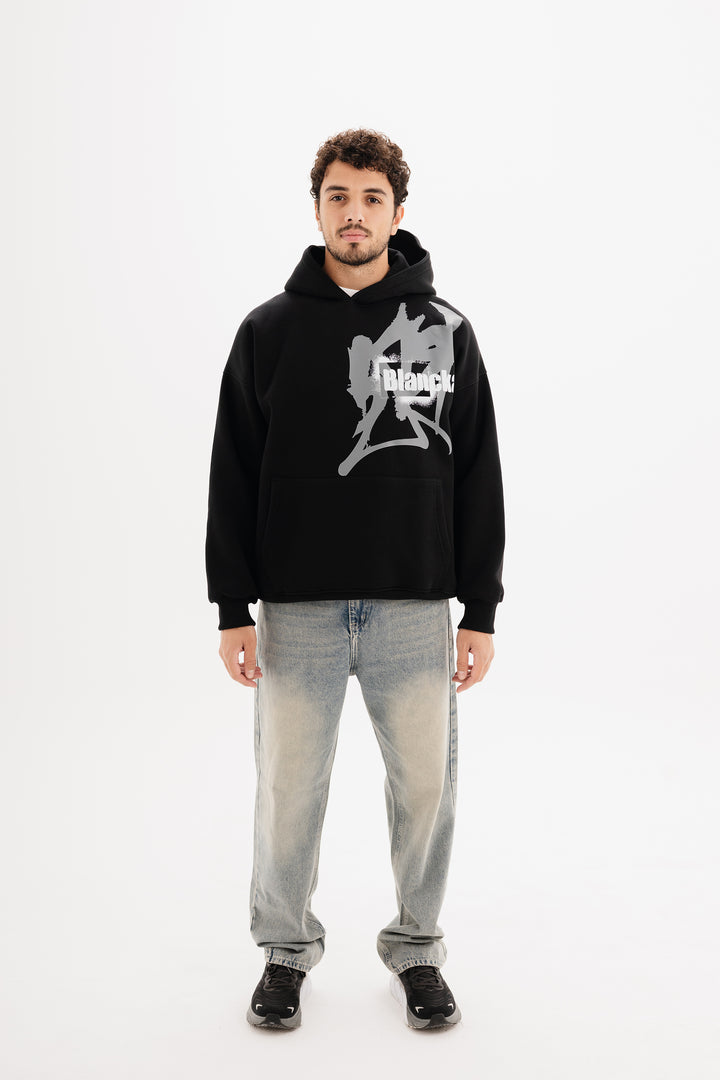 Unisex black hoodie with statement graffiti DTF print by BLANCKA — front and back view on model
