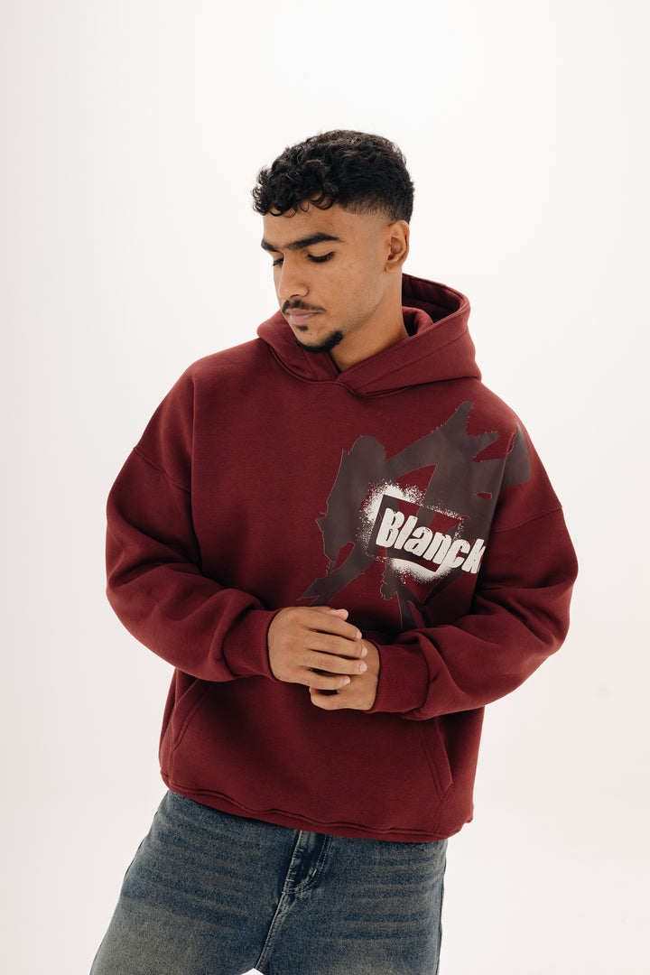 Unisex burgundy hoodie with statement graffiti DTF print by BLANCKA — front and back view on model
