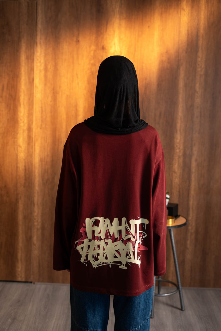 Graffiti Long Sleeve Oversized Tee — Burgandy
