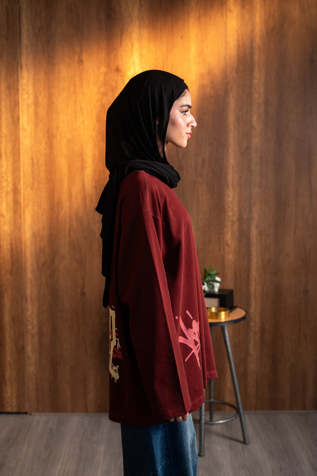 Graffiti Long Sleeve Oversized Tee — Burgandy
