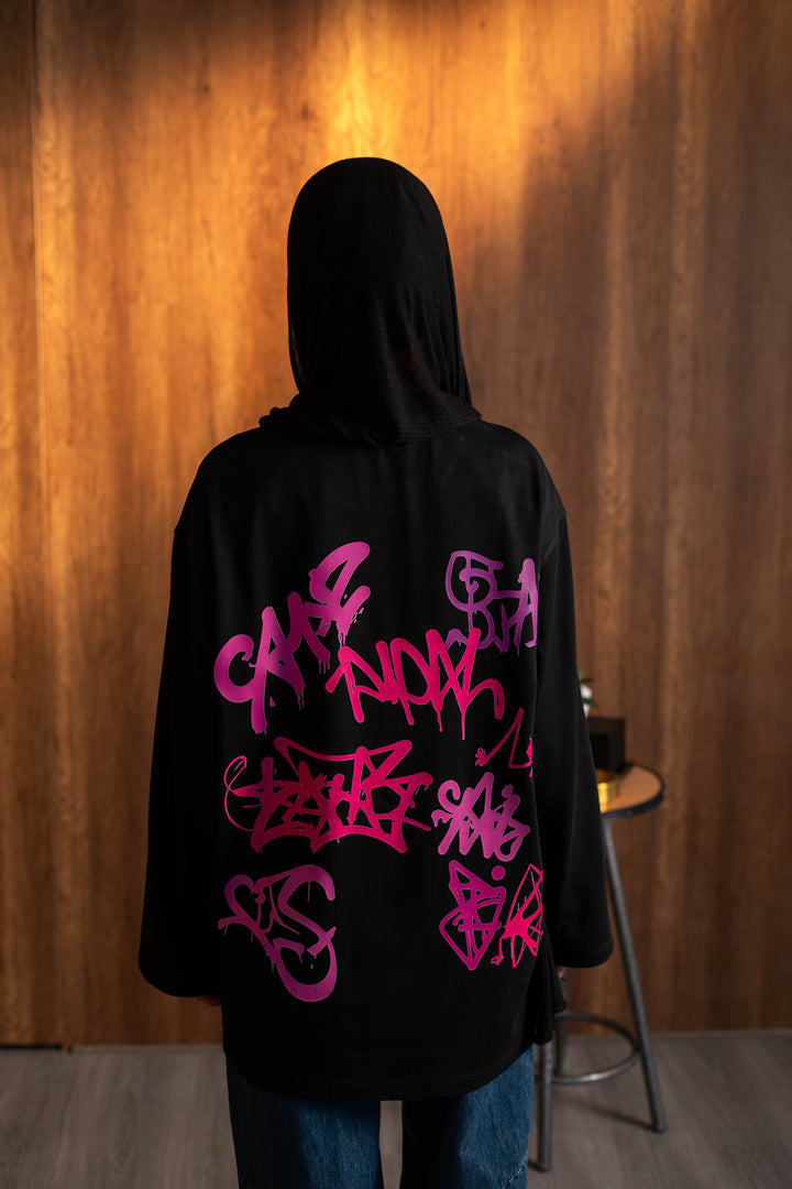 Graffiti Long Sleeve Oversized Tee — Black