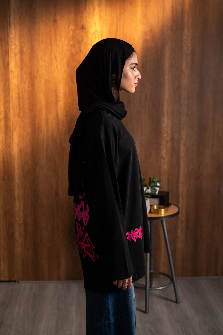 Graffiti Long Sleeve Oversized Tee — Black