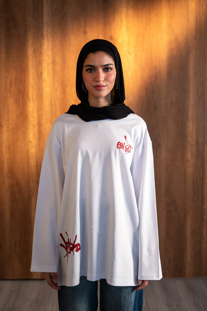 Graffiti Long Sleeve Oversized Tee — White