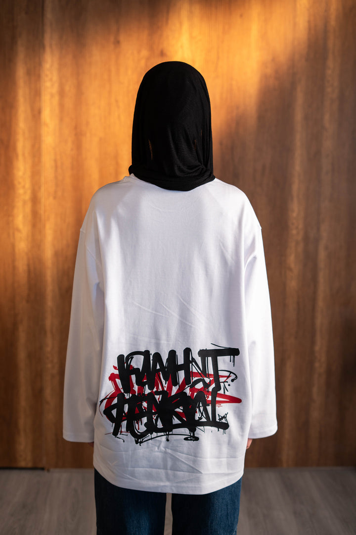 Graffiti Long Sleeve Oversized Tee — White