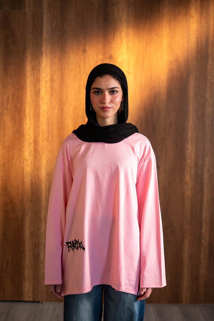 Graffiti Long Sleeve Oversized Tee — Pink