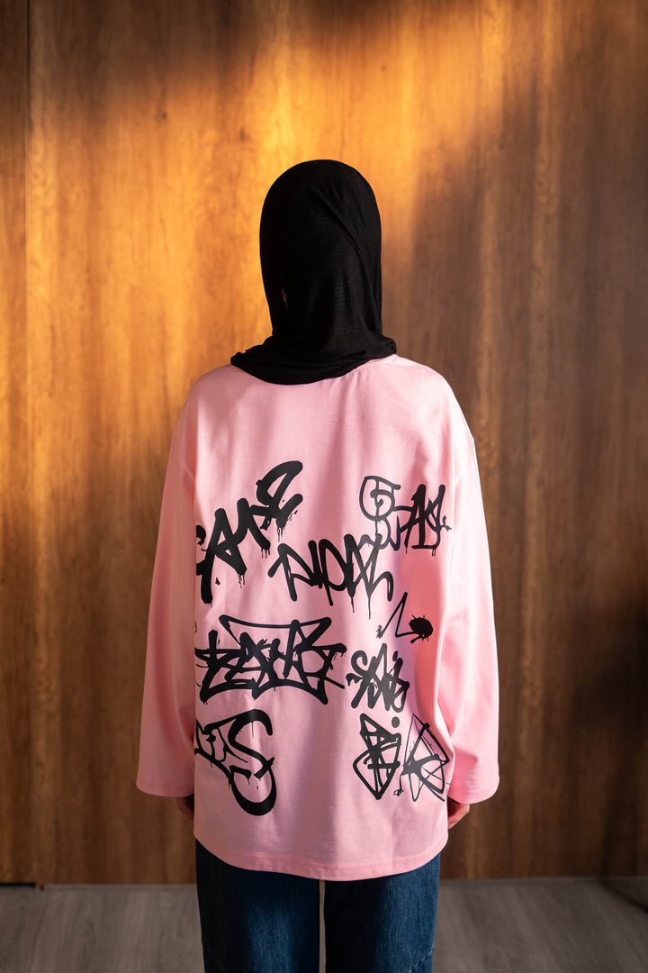 Graffiti Long Sleeve Oversized Tee — Pink