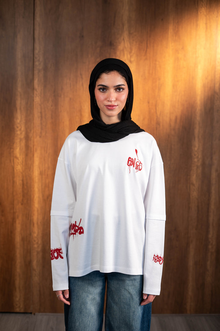 Double Sleeve Graffiti Tee - White