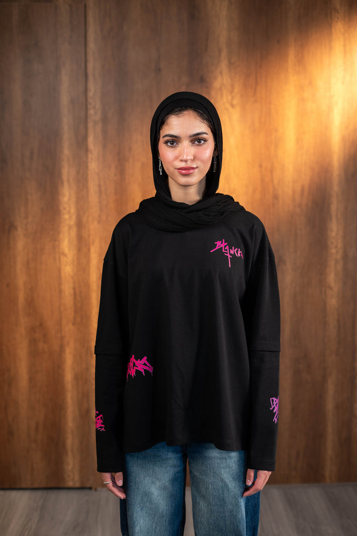 Double Sleeve Graffiti Tee - Black