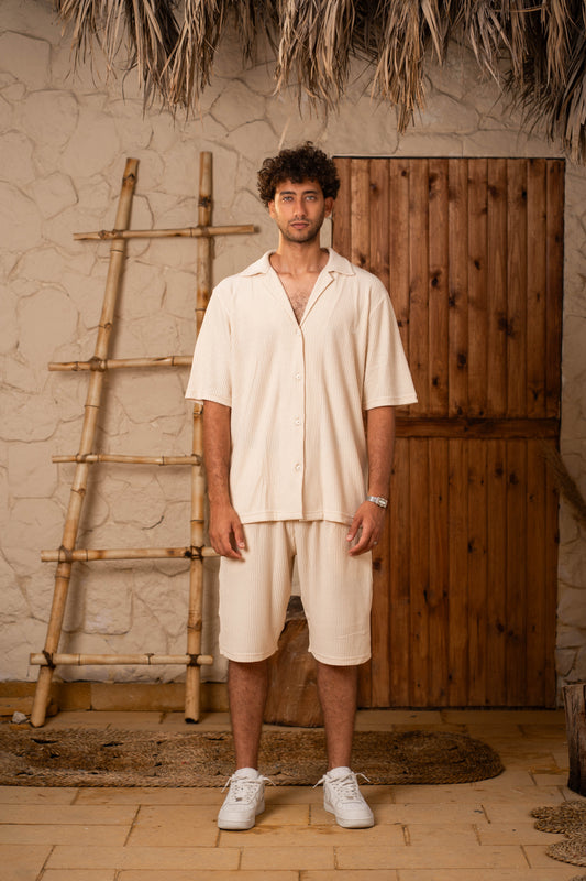 Ribbed Shirt & Shorts Sets - Beige