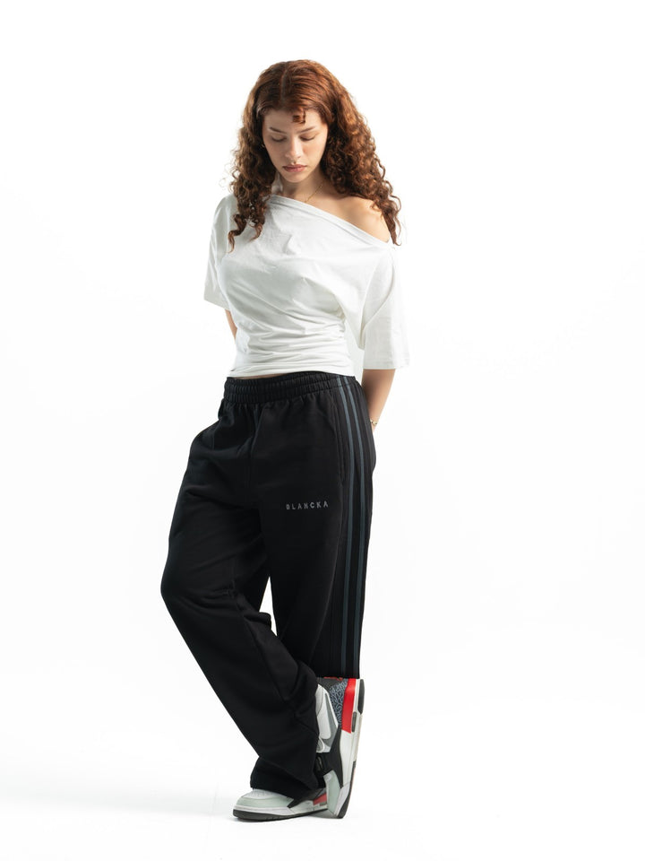 Stripe Track Wide Leg Pants – Black