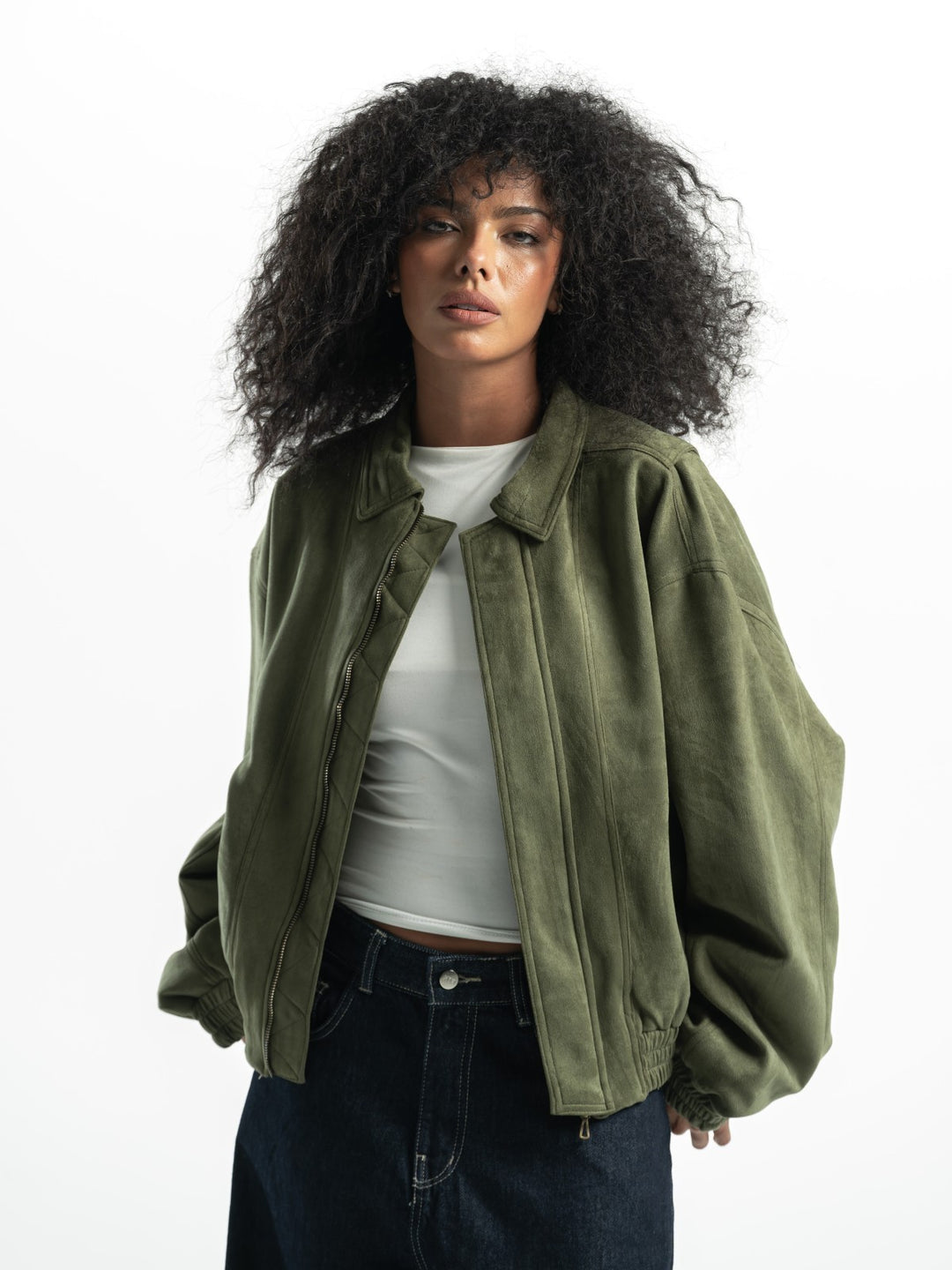Suede Bomber Jacket – Olive
