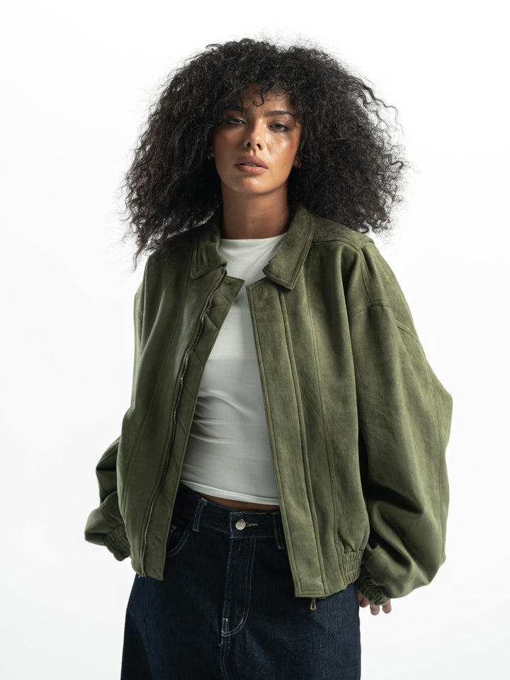 Suede Bomber Jacket – Olive