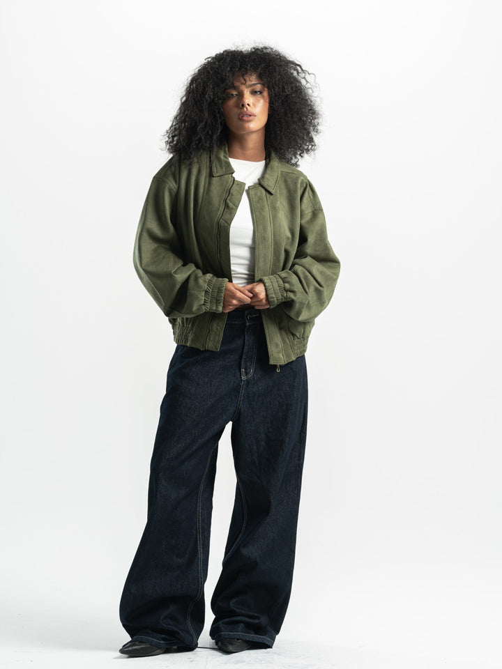 Suede Bomber Jacket – Olive