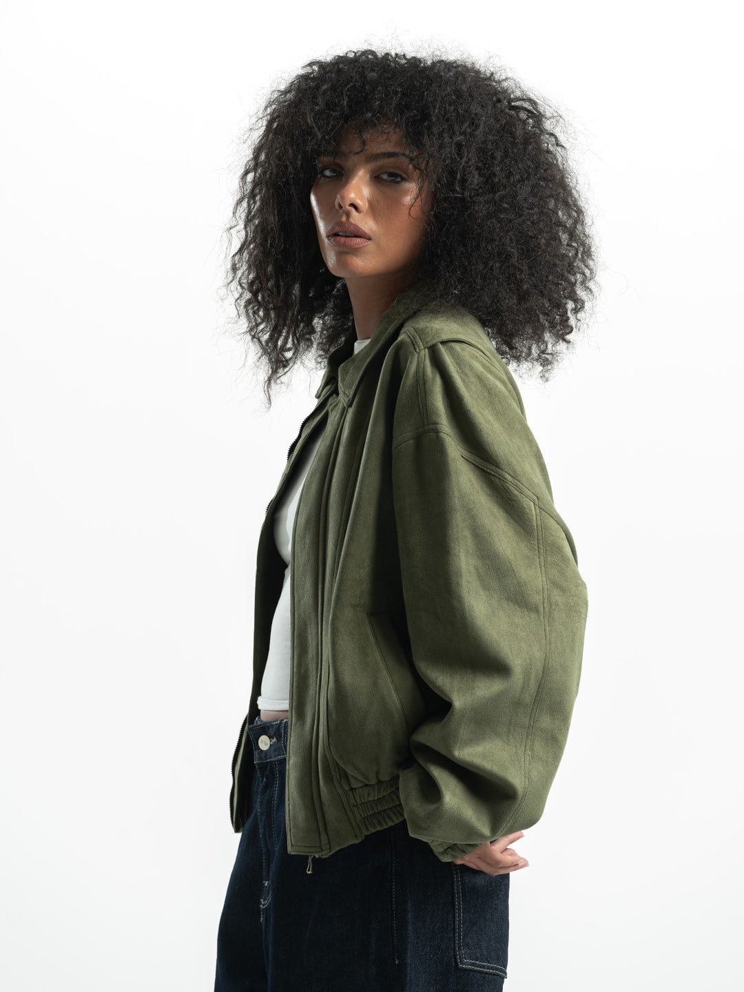 Suede Bomber Jacket – Olive