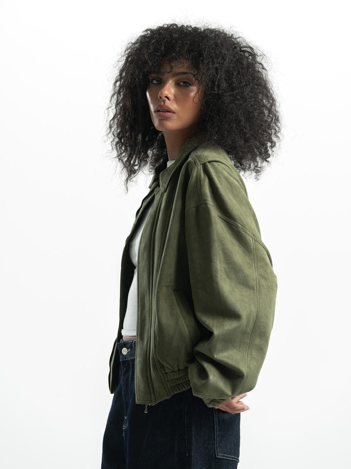 Suede Bomber Jacket – Olive