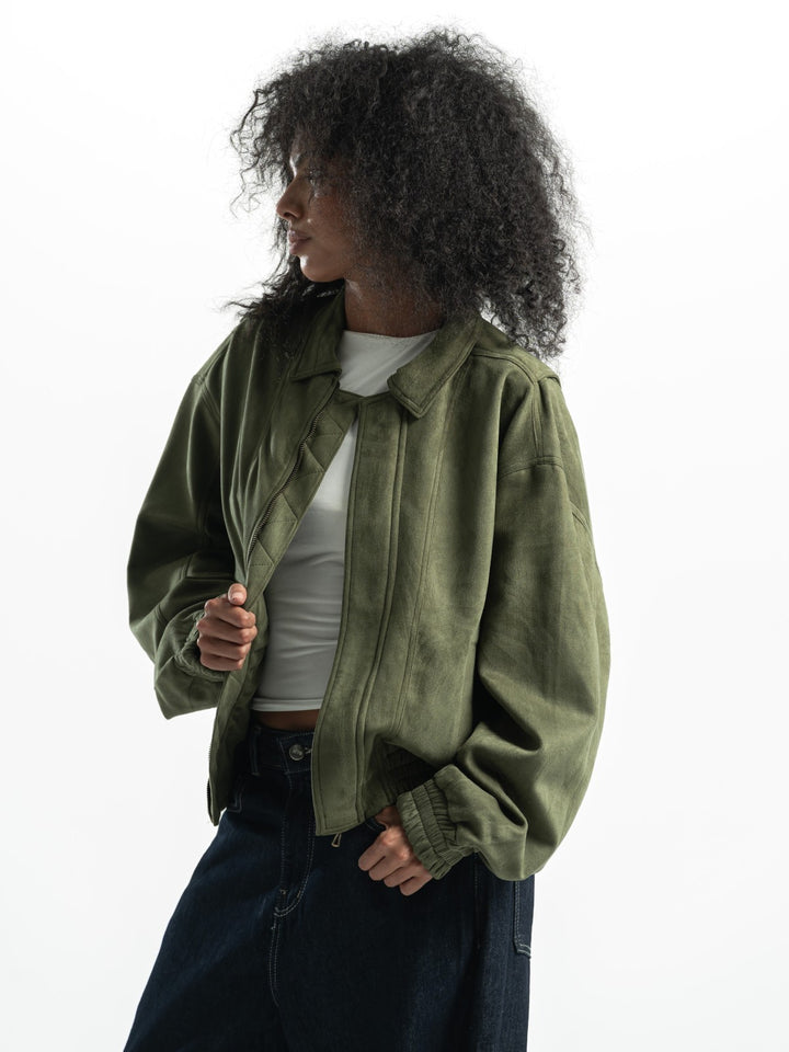 Suede Bomber Jacket – Olive