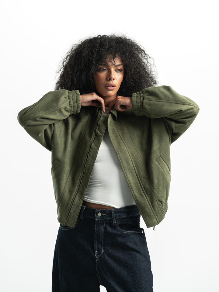 Suede Bomber Jacket – Olive