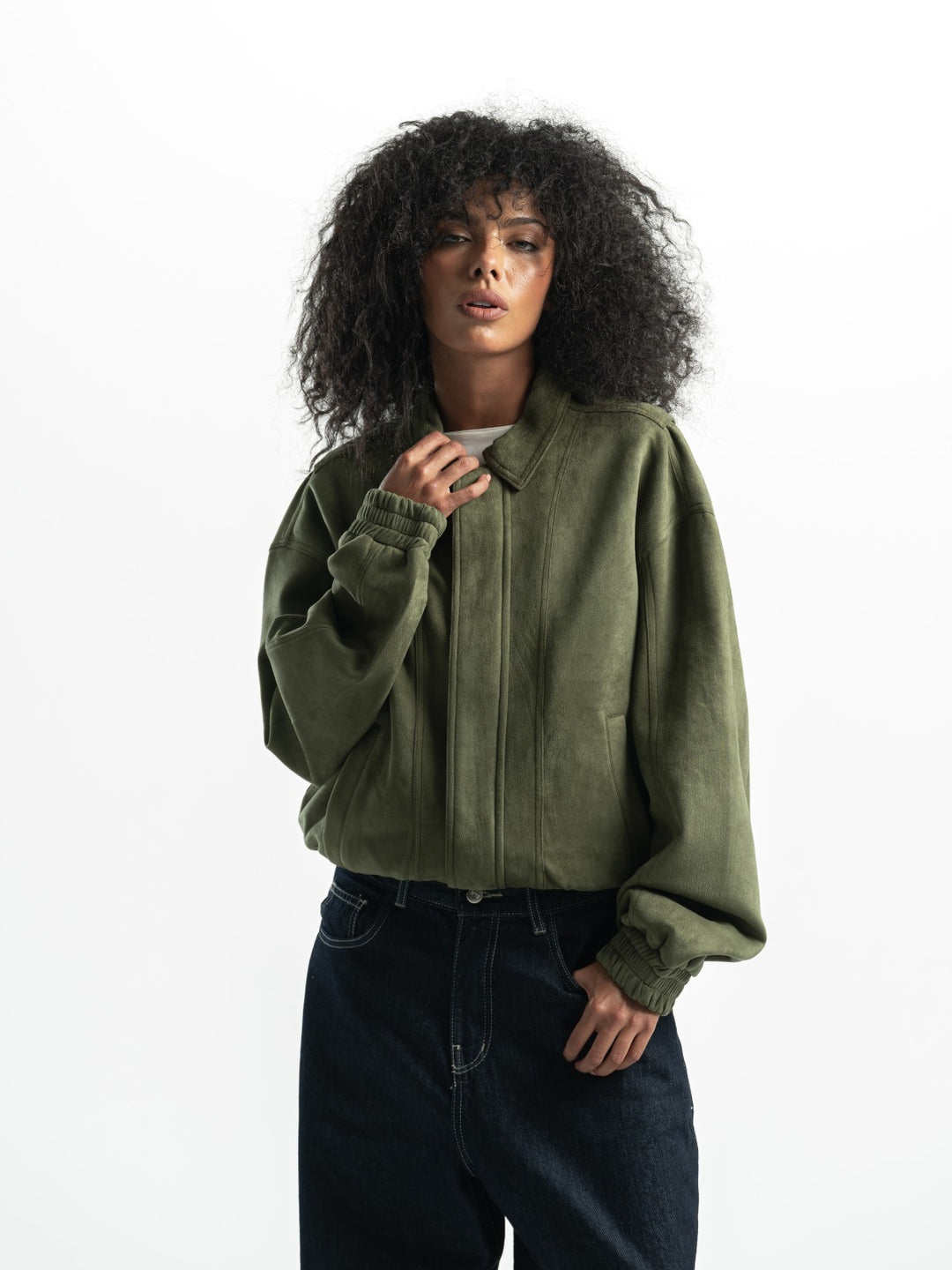 Suede Bomber Jacket – Olive