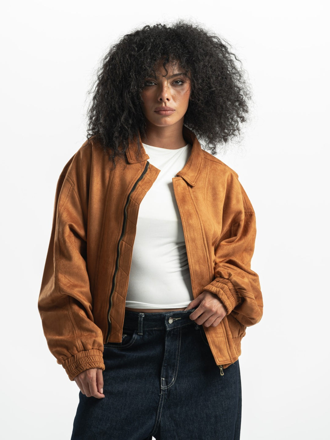 Suede Bomber Jacket – Camel