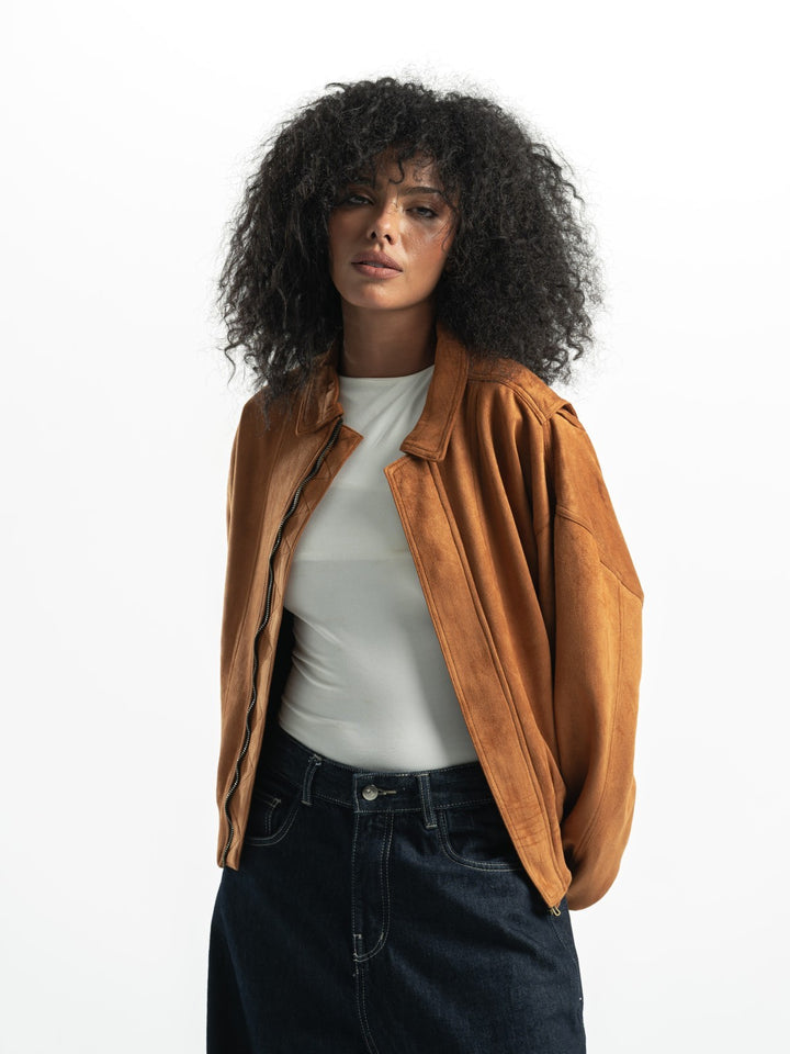 Suede Bomber Jacket – Camel