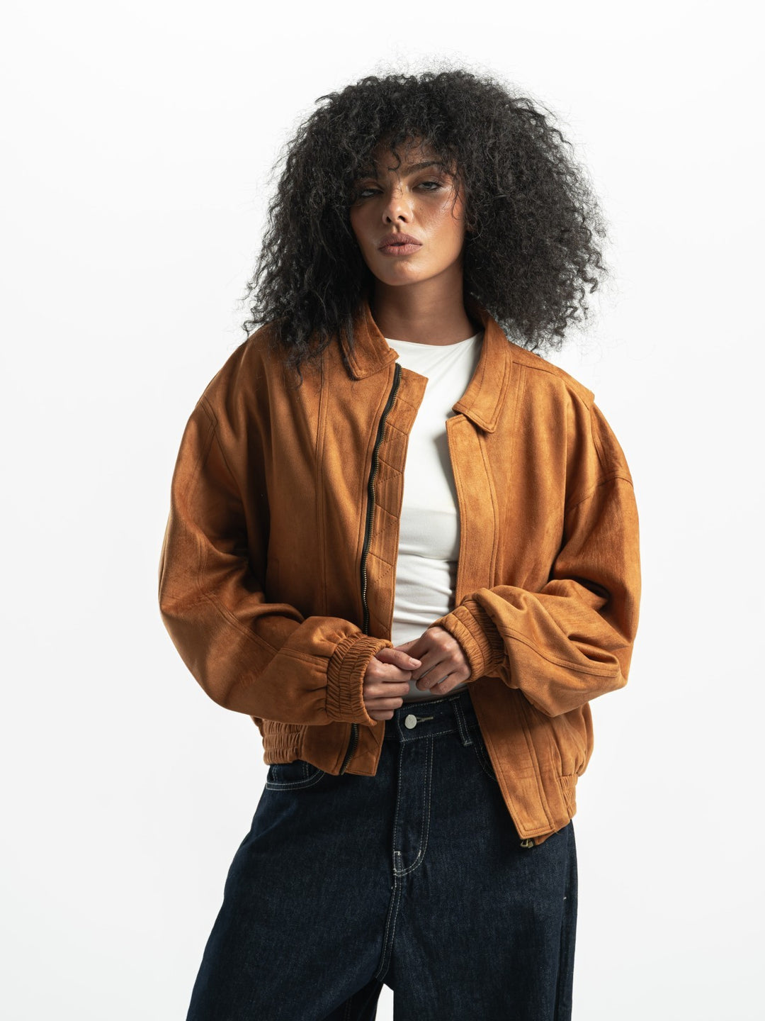 Suede Bomber Jacket – Camel
