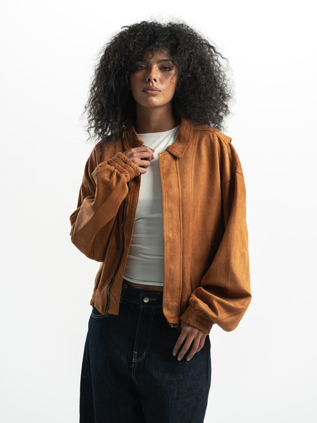Suede Bomber Jacket – Camel