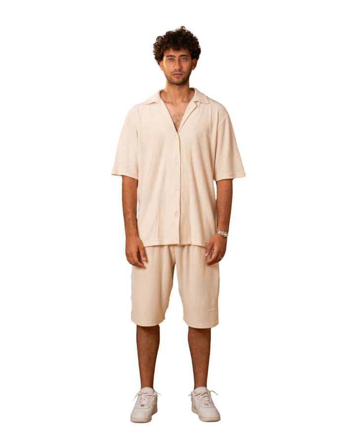 Ribbed Shirt & Shorts Sets - Beige