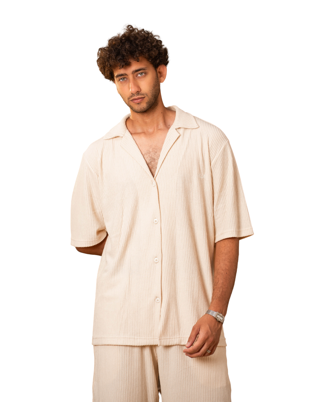 Ribbed Shirt & Shorts Sets - Beige