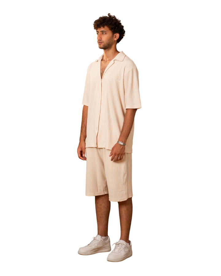 Ribbed Shirt & Shorts Sets - Beige
