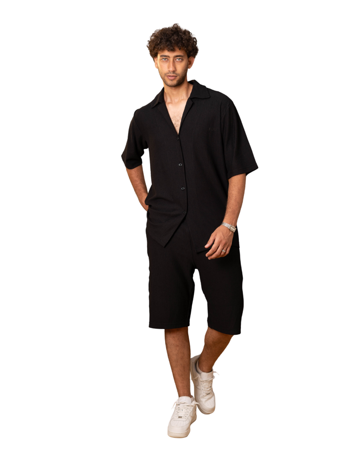 Ribbed Shirt & Shorts Sets - Black
