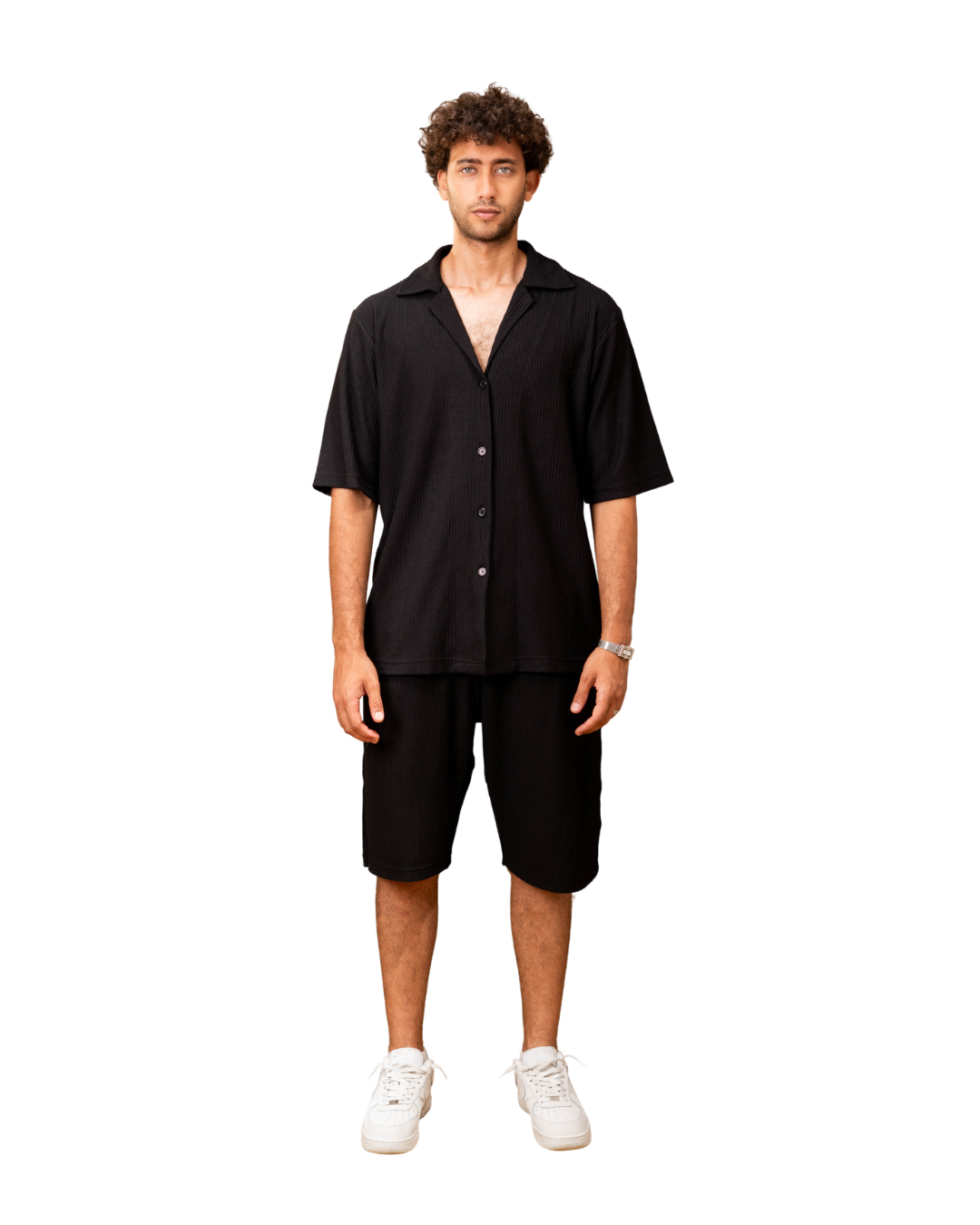 Ribbed Shirt & Shorts Sets - Black
