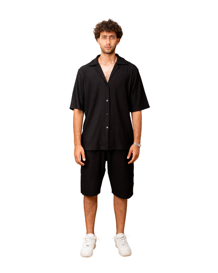 Ribbed Shirt & Shorts Sets - Black