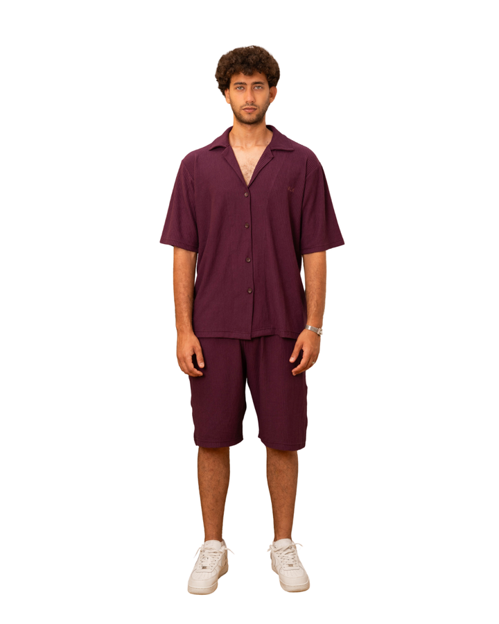 Ribbed Shirt & Shorts Set - Burgundy