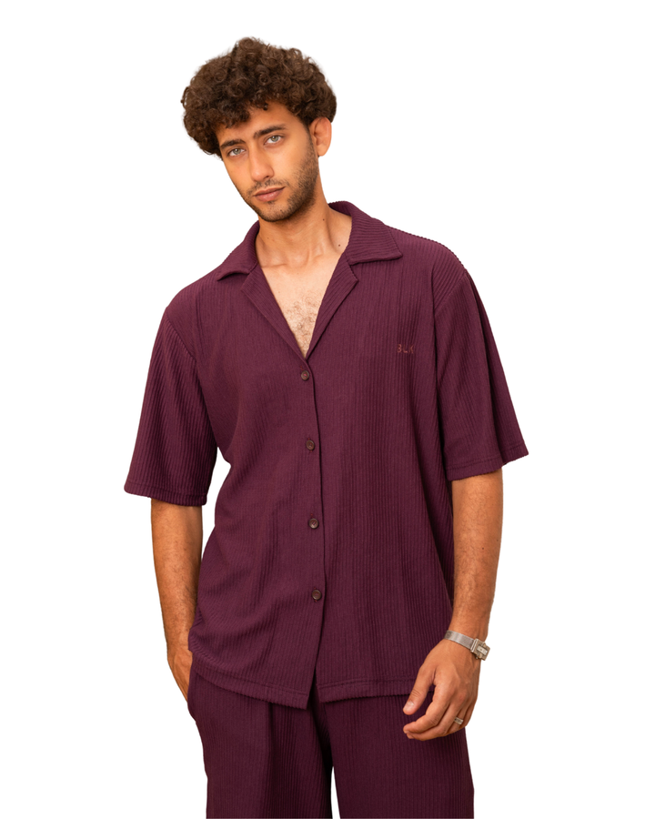 Ribbed Shirt & Shorts Set - Burgundy