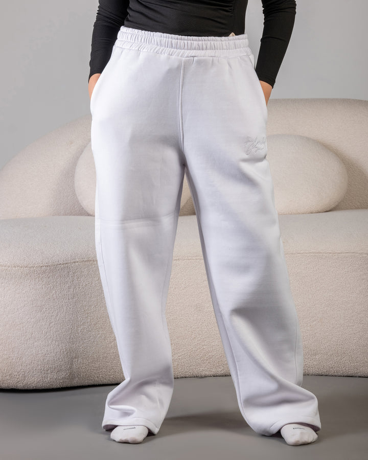 “BLANCKA wide-leg white sweatpants – heavy fleece unisex pants front view”